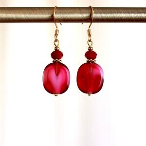 Handmade Ruby Red Czech‎ Glass Dangle Drop Earrings Boho Cottagecore Fairycore